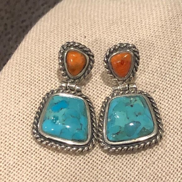 BARSE Sterling Silver Rope Edged Turquoise and Coral Drop Earrings - Picture 7 of 12